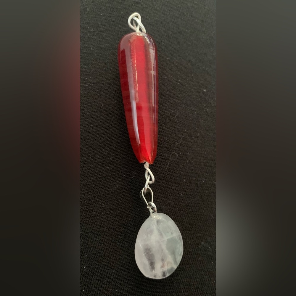 Vintage red glass bead paired with cloud quartz to create an exclamation point